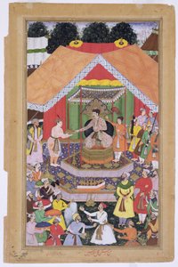Císař Akbar (r.1556-1605) pohoštěný svým nevlastním bratrem Azim Chánem v Dipalpur, Paňdžáb, 1571, z Akbarnamy vyrobené Abul Fazi, 1590-98 (neprůhledné wc a zlato na papíře) od Mughal School