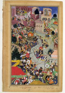 Císař Akbar (r.1556-1605) zastřelil Saimala při obléhání Chitova v roce 1567 z Akbarnamy vyrobeného Abulem Fazi, 1590-98 (neprůhledné wc a zlato na papíře) od Mughal School