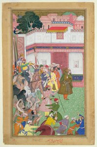 Fatehpur Sikri, 1573: Husain Quli Khan-i Jahan představuje své zajatce císaři Akbarovi (r.1556-1605), z Akbarnamy vyrobeného Abul Fazi, 1590-98 (neprůhledné wc a zlato na papíře) od Mughal School