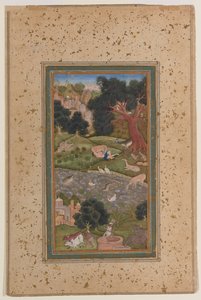 Majnun in the Wilderness, cca 1600 (neprůhledný akvarel na papíře) od Mughal School