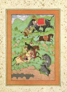 Rádžputští princové loví medvědy; Mahout a jeho slon zachraňují padlého jezdce před tygrem z Velkého alba Clive od Mughal School