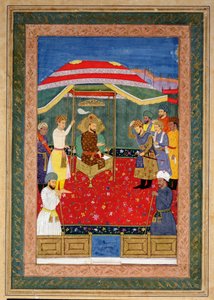 Mughalský císař Babur (1526-30) sedící na trůnu a přijímá prince, Johnson Album I, č. 3 s číslem 65 od Mughal School