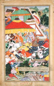 Zranění Kilana Khana Rajiputem během jeho pochodu do Gudžarátu v roce 1573 z „Akbarnamy“ vyrobeného Abu