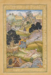 Muslimský poutník se učí lekci zbožnosti od bráhmana, folio od khamsy..., 1597-98 od Muhammad Husain Kashmiri