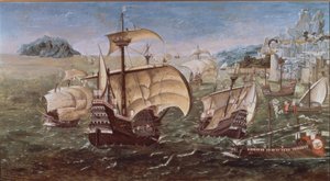 PORTUGALSKÉ LODĚ NA skalnatém pobřeží - XVI. STOLETÍ -O / L - 78 × 144 - KOPIE ORIGINÁLU GREENWICHSKÉHO MUZEA od Munday John