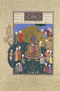 Buzurjmihr se objevuje na pátém shromáždění Nushirvan, Folio 622r z Shahnama..., ca. 1530-3 od Muzaffar 