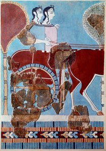 Mykénské umění: pár na tanku. Fragment fresky z paláce Tiryns a rekonstrukce od Mycenaean