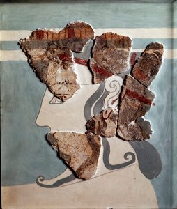 Mykénské umění: ženská hlava. Fragment fresky z paláce Tiryns od Mycenaean