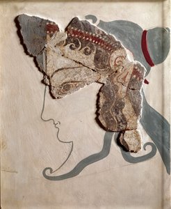Mykénské umění: ženská hlava. Fragment fresky z paláce Tiryns od Mycenaean