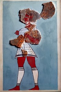 Mykénské umění: válečník. Fragment fresky z paláce Tiryns a rekonstrukce od Mycenaean