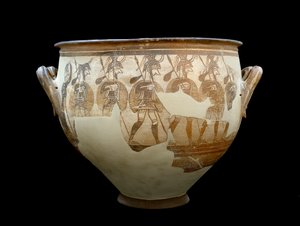Mycenská civilizace: kráter zvaný Válečníci - Z okruhu hrobek A a Mycenes. 12. století př. n. l. - Athény, národní archeologické muzeum - Mykénské umění: Kráter válečníků - Terakotová váza nalezená v Mykénách