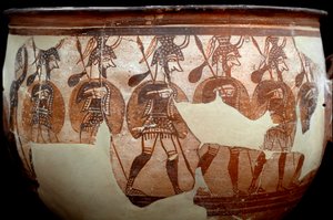 Mycenská civilizace: kráter zvaný Válečníci. Z okruhu hrobek A do Mykénů. 12. století před naším letopočtem. Athény, Národní archeologické muzeum – Umění mykénské civilizace: kráter zvaný Warriors crater. Z hrobového kruhu A v Mykénách. 12. století