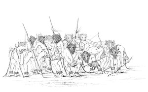 Indiánští lovci tančí v buvolích maskách, 1841.