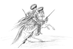 Indiánský muž se zbraněmi a čelenkou, jezdící na koni, 1841. od Myers and Co