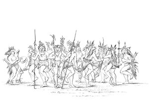 Kmen Siouxů předvádějící žebrácký tanec, 1841.