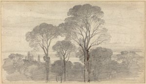 Večerní krajina s vysokými stromy od Myles Birket Foster