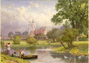 Elstow, Bedfordshire (rodiště Johna Bunyana) (bc a wc na kartě) od Myles Birket Foster
