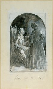 "Emma přebírá z tvrdé ruky Madelaine poleno" (čb, tužka a čb na papíře) od Myles Birket Foster