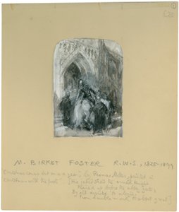 „Jeho unavený oř, ozbrojený rytíř, se zastavil před bránou opatství“ (bc, tužka a wc na papíře) od Myles Birket Foster