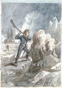 Nelson potkává medvěda, asi 1854 (šedá barva, zvýrazněná bílou, akvarel, grafit) od Myles Birket Foster