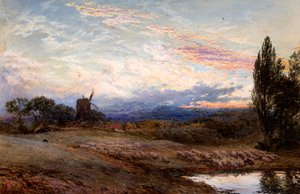 Napájení ovcí při západu slunce (akvarel) od Myles Birket Foster