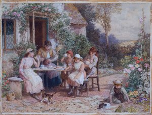 Čas na čaj (tužka a akvarel zvýrazněné bílou na kartě) od Myles Birket Foster
