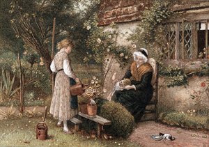 Mládí a věk. Chromolitografie podle obrazu Mylese Birketta Fostera (1825-1899), anglického malíře, vydáno v Londýně 1866. Babička v krajkovém čepci sedící v zahradě domku se dvěma vnoučaty. Dívka zalévá konví rostlinu v květináči. Koťátko dri