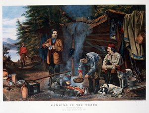 Camping im Wald "Eine gute Zeit kommt". Von Arthur Tait (Currier & Ives) von N. and Ives J.M. (1824-95) Currier