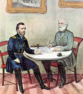 Amerikanischer Bürgerkrieg: Generäle Grant (links) und Lee treffen sich am Palmsonntag 1865, um die Kapitulationsbedingungen für Lees Armee von Nord-Virginia zu besprechen