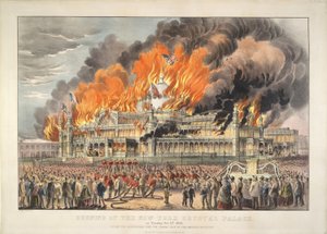 Vypálení New York Crystal Palace v úterý 5. října 1858 (barevná litografie)   Barevná litografie od Currier and Ives