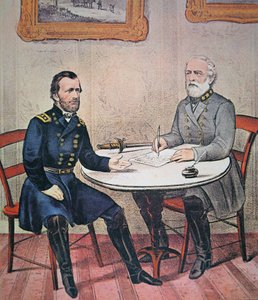 Generál Robert E. Lee (1807-70) se vzdává generálu Ulysses S. Grantovi (1822-85) u soudu Appomattox, 9. dubna 1865 (barevné lito)