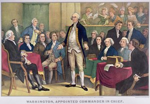 George Washington (1732-99) Jmenovaný vrchním velitelem, publikoval 1876 (barevné lito) od Currier and Ives