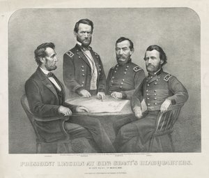 President Lincoln v Genl. Grantovo sídlo, cca 1865 (litografie) od Currier and Ives