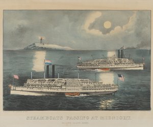 Parníky proplouvající o půlnoci na Long Island Sound od Currier and Ives