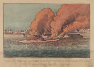Úžasný boj mezi 2 zbraněmi „Monitor“ a 11 zbraněmi „Merrimac“ v Hampton Roads 9. března 1862 (ručně kolorovaná litografie) od Currier and Ives