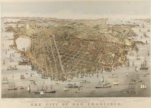 Město San Francisco – pohled z ptačí perspektivy ze zálivu na jihozápad od Currier and Ives
