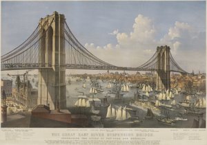 The Great East River Suspension Bridge: Spojující města New York a Brooklyn od Currier and Ives