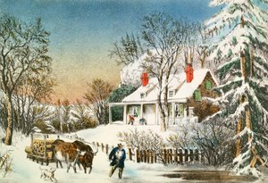 Bringing Home the Logs, Zimní krajina, 19. století od N. and Ives, J.M. Currier
