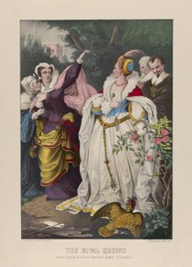 The Rival Queens, Mary Queen of Scots Defying Queen Elizabeth, 1857-72 (ručně kolorovaná litografie) od N. and Ives, J.M. Currier