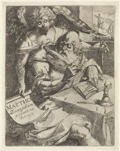 Matouš evangelista Matthei Evangelium se otevírá a argumentuje (název na předmětu) Titulní strana pro: S. van Til, Het euangelium des H. Apostles Matthæi (...) otevřeno krátkými poznámkami, 1687 od N. van Til