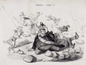 Dareneck!!! (Zlomení krku). Litografie od Gabriela Auberta, pařížského tiskaře, který vydává noviny „La Caricature“ od Nadar