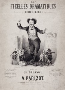 Portrét Jeana Bertheliera (1830-1888) držícího syny loutek. Album "Les Ficelles Dramatiques deroulees od Bertheliera de l