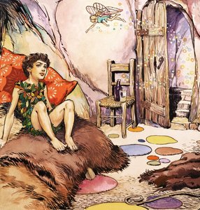 Petr Pan mluví se Zvonilkou, ilustrace z knihy "Petr Pan" od J. M. Barrieho (kvaš na papíře) od Nadir Quinto