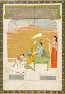 Lakshmi masíruje nohu Višnua, ca. 1765-1770. Tvůrci: Nainsukh, Manju. od Nainsukh Manju