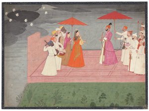 Hudebníci hrající raga pro Balwanta Dev Singha během období dešťů, kolem 1745-50