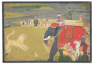 Raja Balwant Dev Singh na lvím shikaaru, kolem roku 1750