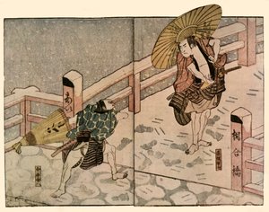 Bosí muži se slunečníky ve sněhu, 1811, 1924. od Naniwa Shunkosai