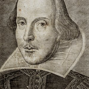 Detail portrétu Williama Shakespeara na frontispisu knihy Komedie, historie a... od Nathan Benn