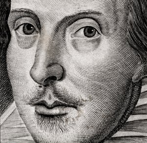 Detail portrétu Williama Shakespeara na frontispisu knihy Komedie, historie a... od Nathan Benn