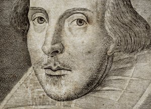 Detail portrétu Williama Shakespeara na frontispisu knihy Komedie, historie a... od Nathan Benn
